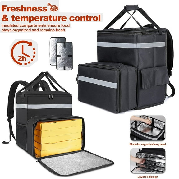 FAMKIT Food Delivery Backpack, Expandable Insulated Cooler Thermal Backpack with 4 Mesh Pockets Reflective Strip, Leak Proof Delivery Bag for Uber, Bike, Camping, Beach, Outdoors, Picnic, Black