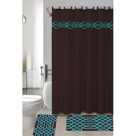 4 Piece Bath Set Chocolate Brown Turquoise Blue Polypropylene