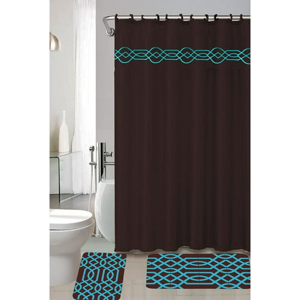 4 Piece Bath Set Chocolate Brown, Blue And Brown Shower Curtain