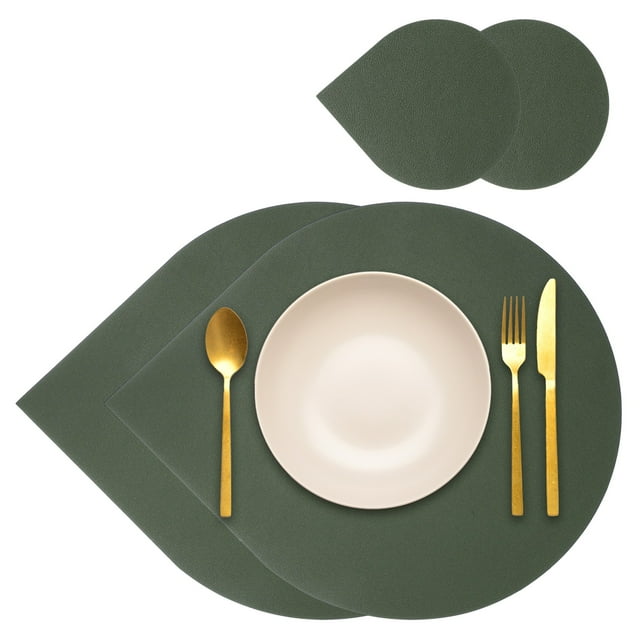 Juego de manteles y posavasos Uxcell de 2, manteles de mesa en forma de gota de cuero PU de doble cara, lavables, resistentes al calor, impermeables y a prueba de aceite para la mesa de cocina (Verde)