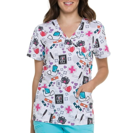 - Women's Fashion Collection Mock Wrap Printed Scrub Top