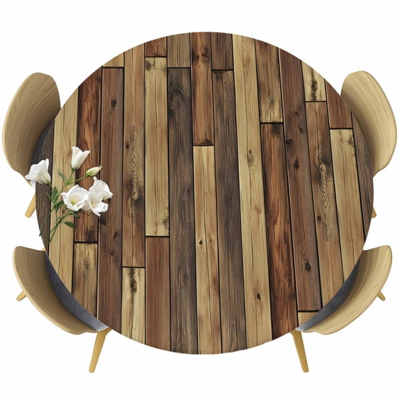 Round Table Cover 36-44 Inch Brown Wooden Grain Waterproof Reusable Table Cloth Round Fitted Vinyl Tablecloth with Elastic Edged for Parties Outdoors, Farmhouse Vintage Stitching Art