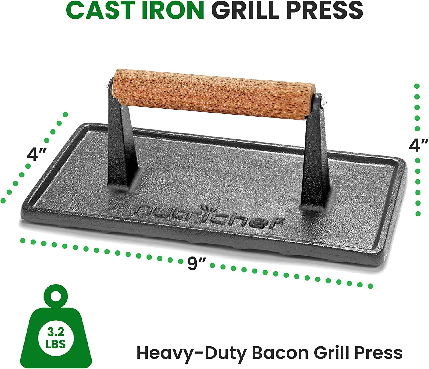 Cast Iron Grill Pan + Glass Lid + Silicone Handle Cover + Pan Scraper -  10.5-inch Pre-Seasoned Square Skillet + Grill Press - Cast Iron Burger  Press
