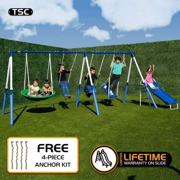 TSC Malibu Metal Swing Set with 5ft Slide for Kids 3-8 with Classic Swing, 38" Saucer, Surfboard Swing, Standing Swing, 5ft Slide & BONUS Anchor Kit | 16.1' x 7.5' × 6.1'