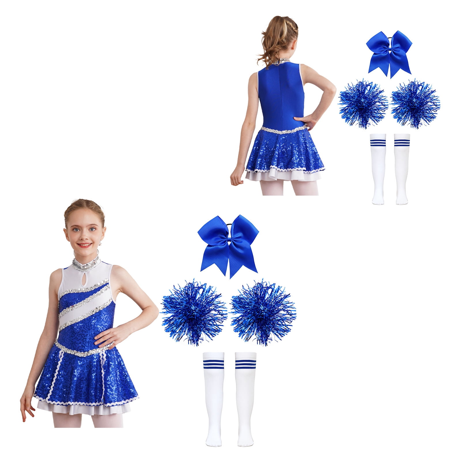iiniim Girls Cheer Leader Sequins Cheerleading Dress with Pom Poms Headwear Socks for Halloween B Blue 10