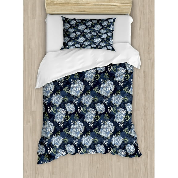 Ambesonne Floral Duvet Cover Set, Classic Peony Petal, Twin, Pistachio Green Blue