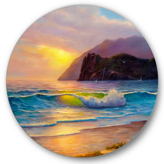 Designart 'Sunrise Glow On The Sea Waves V' Nautical & Coastal Circle Metal Wall Art 36x36 - Disc of 36