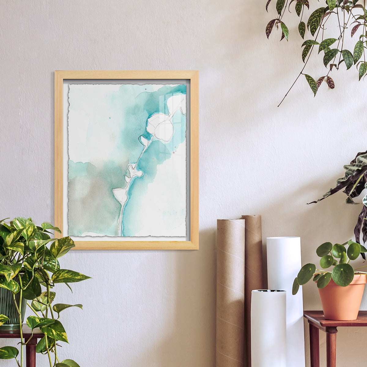 Ginkgo on Dusty Teal VII - Framed Print w/glass - Natural Wood