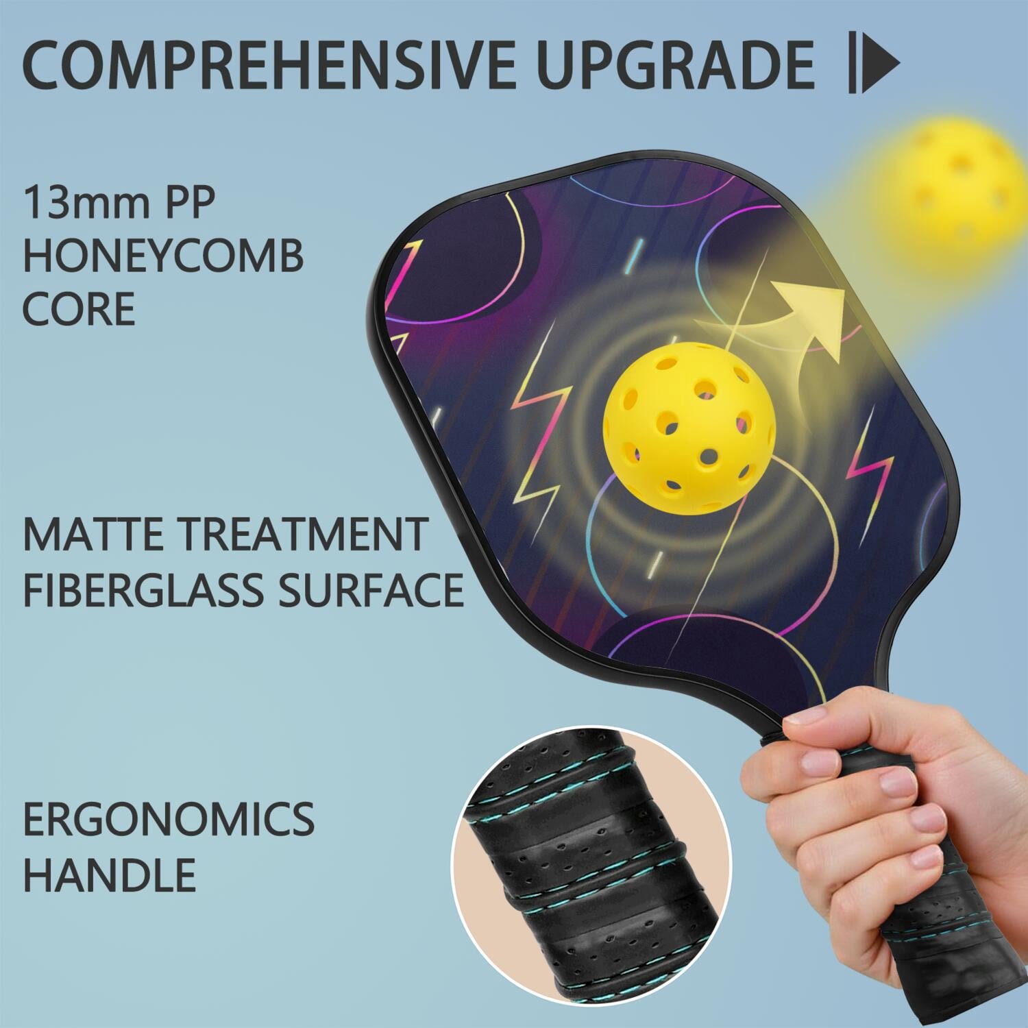 Pickleball Paddles Set Of 1, Fiberglass Surface, Speed, Lightning, Thunder Print, 1 Paddle, 2 Balls & Bag