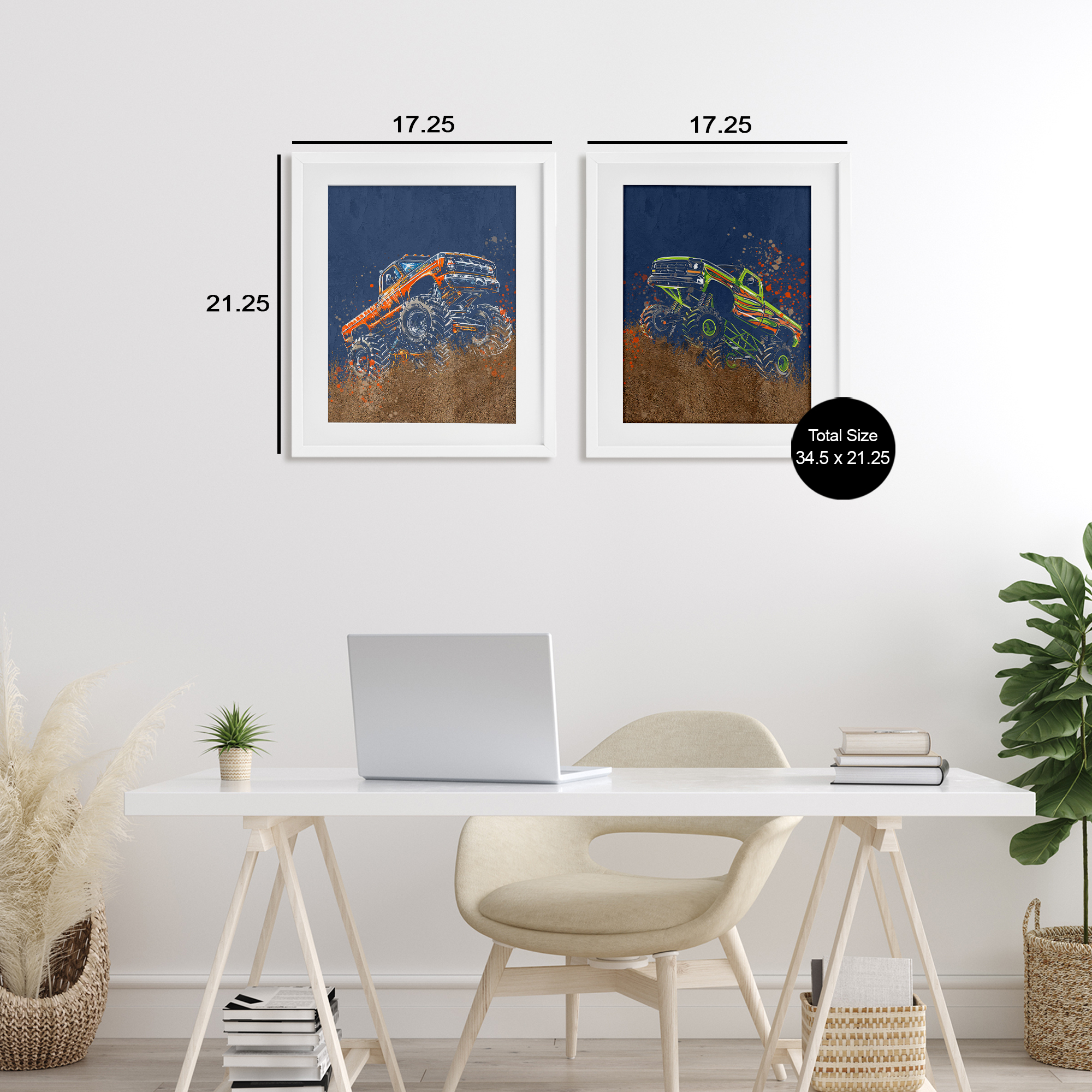 Monster Truck Jam 2 Piece White Framed Print Under Glass Set, design by Kim Allen
