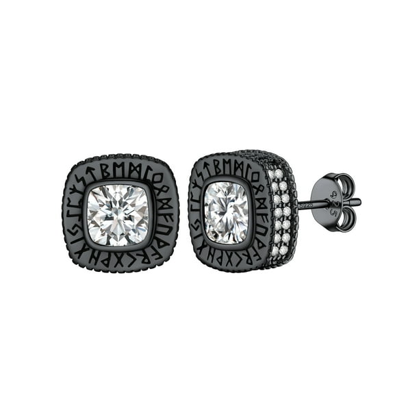 Pendiente de botón PROSTEEL para Hombre con runas vikingas Piedra de nacimiento de plata esterlina Abril Diamante cuadrado Hip Pop punk Circonita cúbica negro