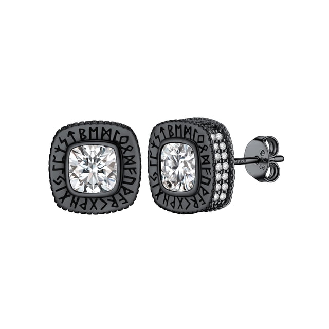 Pendiente de botón PROSTEEL para Hombre con runas vikingas Piedra de nacimiento de plata esterlina Abril Diamante cuadrado Hip Pop punk Circonita cúbica negro