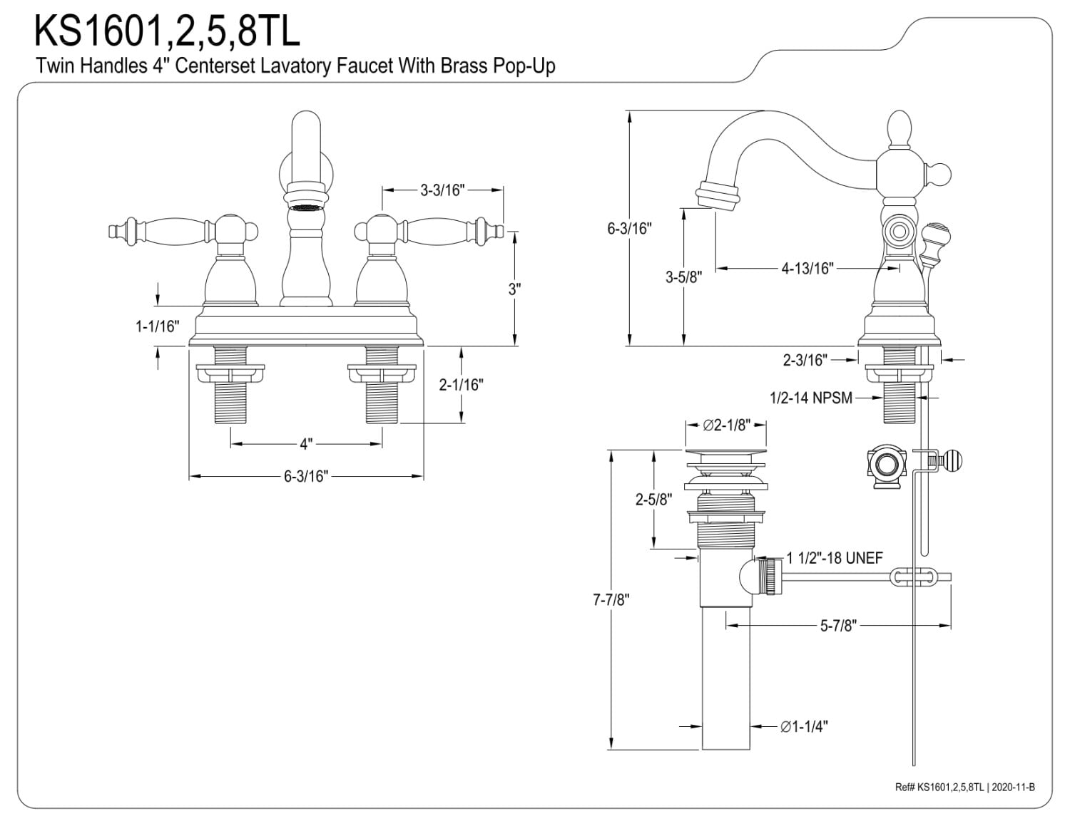 Kingston Brass KS1608TL 4 in. Centerset Bathroom Faucet, Brushed Nickel