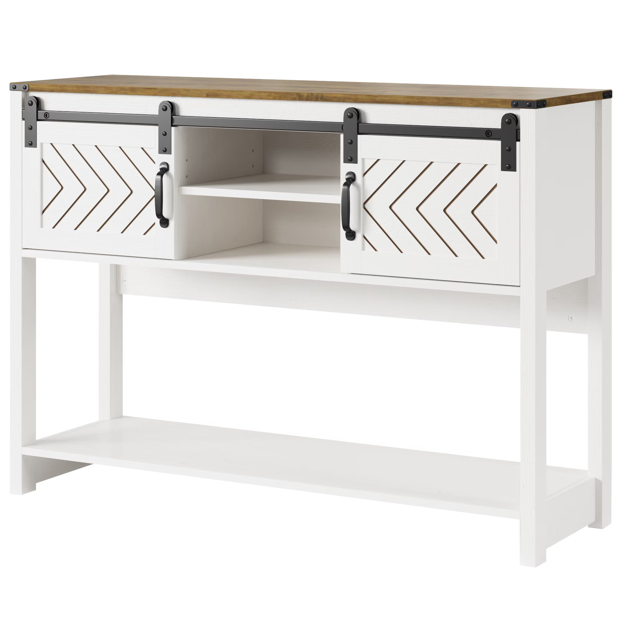 Aukfa 46" Farmhouse Console Table with Storage Shelf & Sliding Barn Doors, Wood Entryway Table with Storage for Living Room, Hallway, Foyer, White/Oak