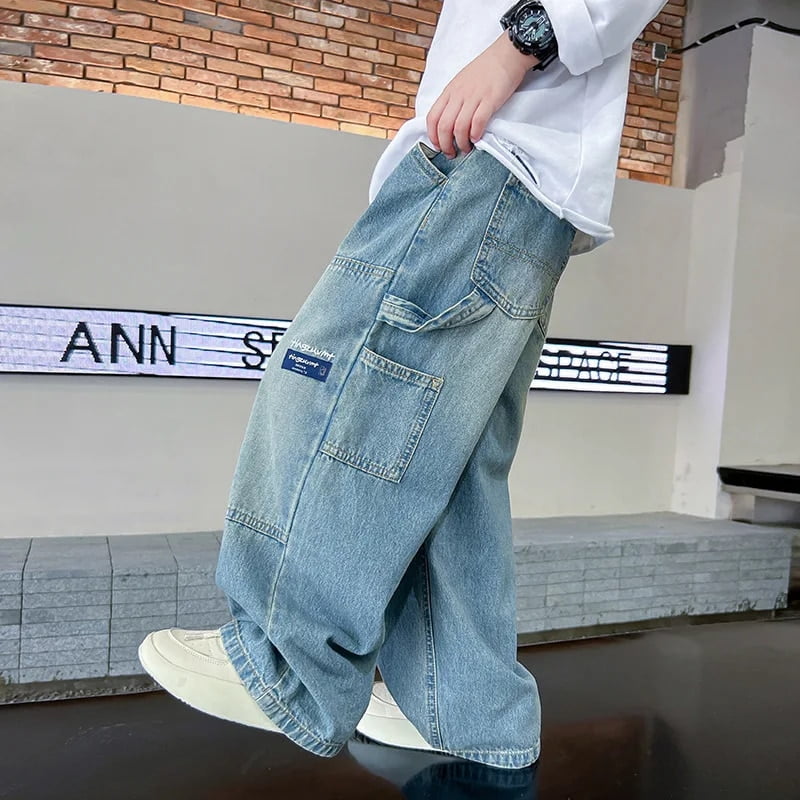 Boys Cargo Jeans New Teenage Children Wide Leg Denim Pants