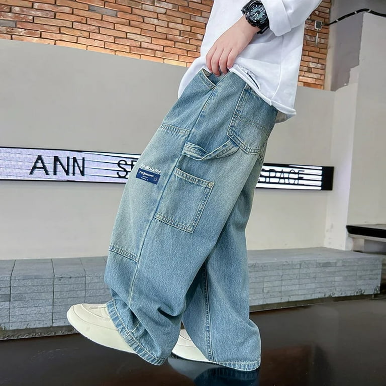 Boys Cargo Jeans New Teenage Children Wide Leg Denim Pants