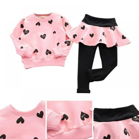 

Little Girls Clothing Set Outfit Heart Print Hoodie Top+Long Pantskirts 2pcs