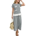 thumbnail image 6 of SGFCWSX Girls 2 Piece Outfits Bow Lace Hem Short Sleeve Tops Wide Leg Capri Pants Summer Casual Clothes Set Gray Size 2T, 6 of 9