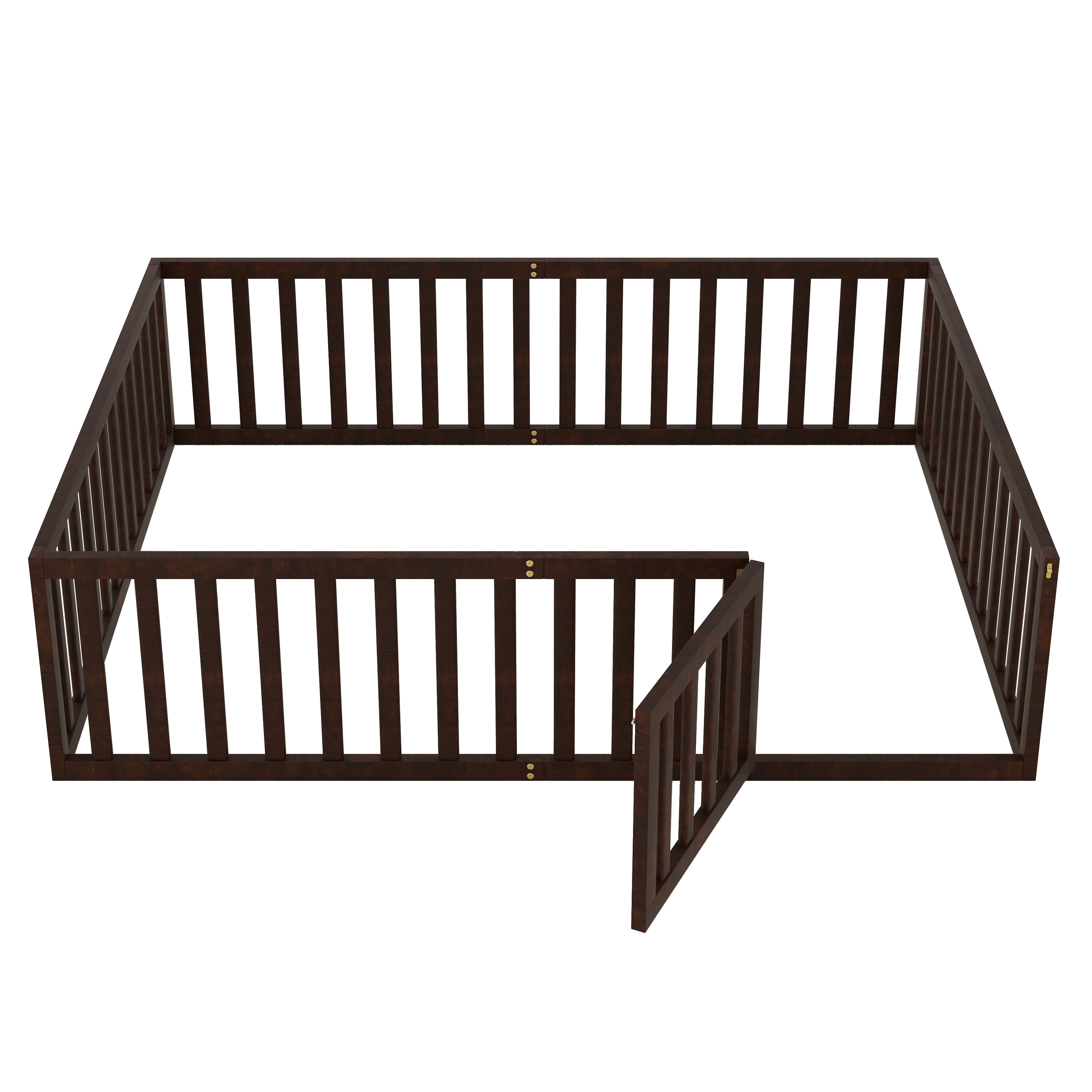 Kumix Queen Floor Bed with Fence and Door, Wood Floor Bed Frame for 1-3 Aged, Noise-Free Low Floor Bed for Bedroom, Dorm, No Weight Capacity Limit, Easy Assembly, Walnut