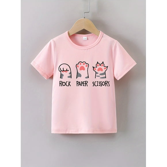 Girls Short-Sleeve T-Shirts Youngsters' Summer Cartoon "Cat Paw" Print T-Shirt - Soft Cotton & Spandex Blend, Casual Crew Neck, Short Sleeve Tee with Rock Paper Scissors Game Graphic for Girls