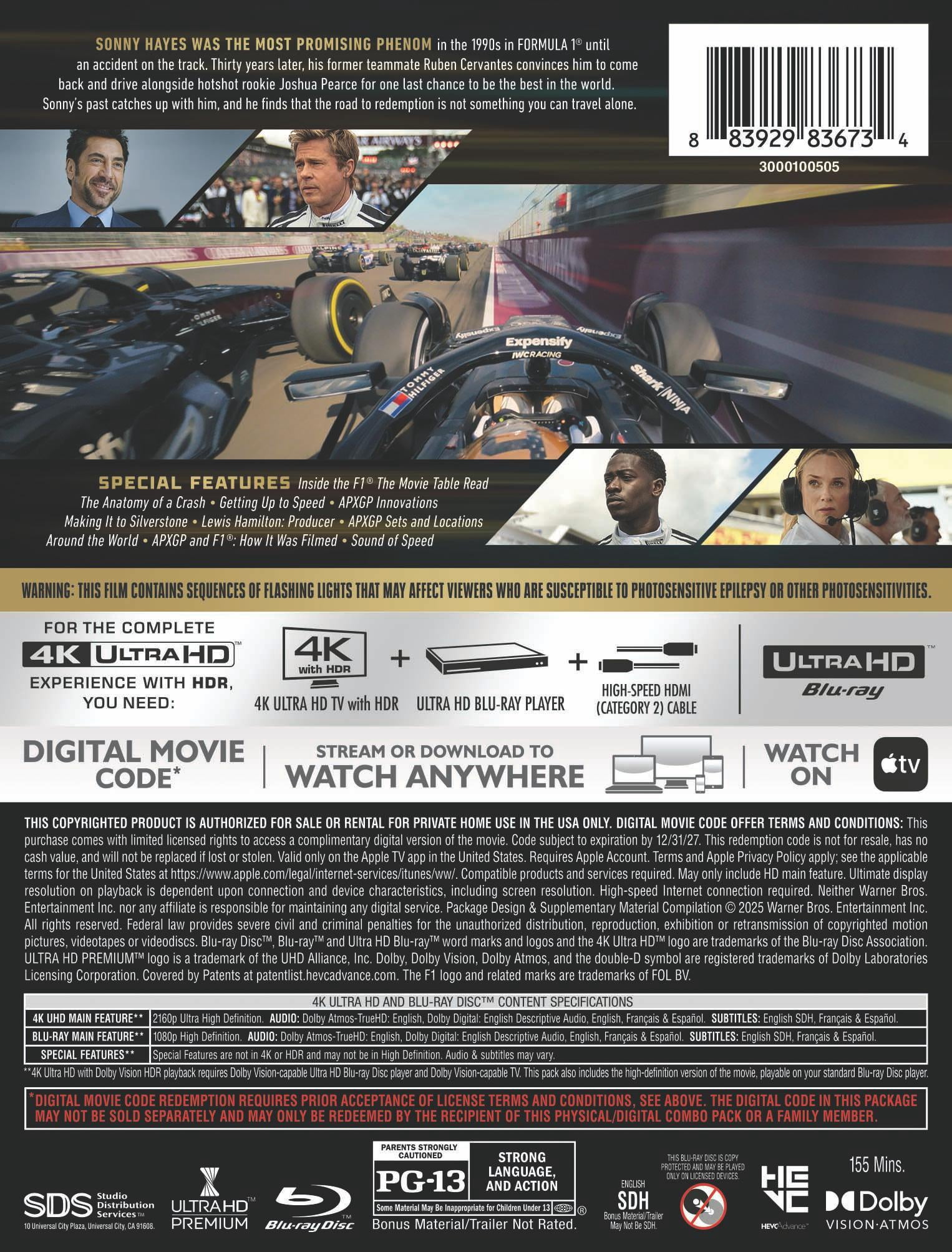 F1: The Movie (Steelbook) (4K Ultra HD + Blu-ray + Digital Copy), Action, Warner Bros.