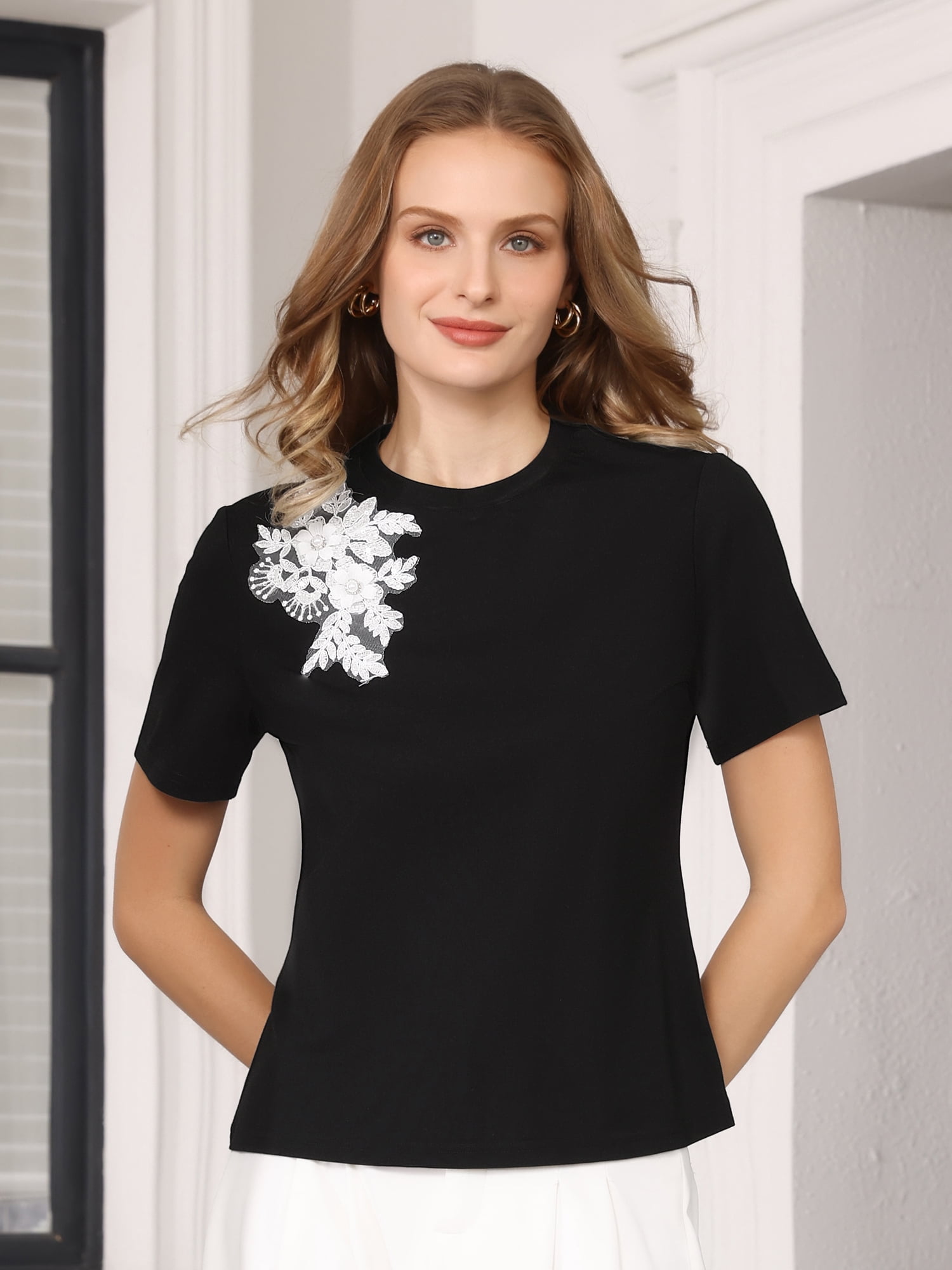 DARING DIVA Women's Basic Tee Shirt Short Sleeve Crew Neck Stretchy Beaded Top M Black