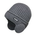 thumbnail image 1 of Women Men Winter Beanie Hat Solid Color Unisex Knit Wool Hat Thickened Ribbed Fleece Lined Hat with Earflaps, 1 of 10