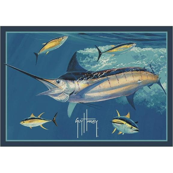 Milliken Blue Nautical Spear Fish Area Rug Marlin Tuna - Aprx 3' 10" x 5' 4"
