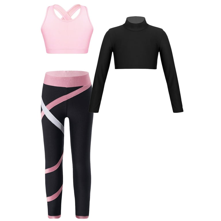iiniim Kids Girls 3Piece Yoga Dance Gymnastics Tracksuit Long Sleeve Crop  Top Sports Bra and Leggings Sportwear Set