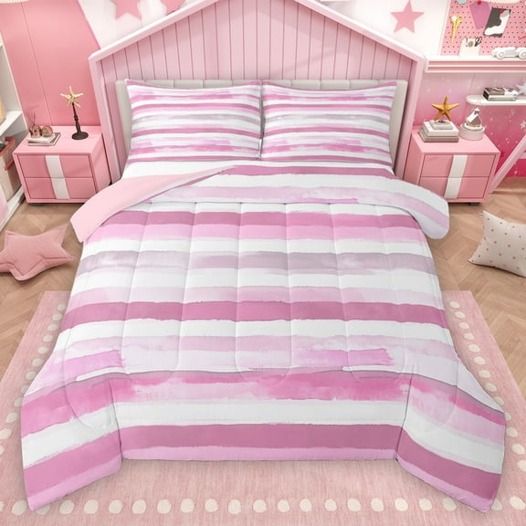 Homewish Painting Graffiti Bedding Comforter Set,Minimalist Stripes Lines Twin Comforter Sets,Pink White Bedding Set For Girl Boys,Super Cozy Room Decor Reversible,2pcs