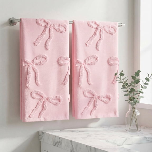 2-Pack Pink Bow Jacquard Hand Towels - 100% Cotton Absorbent Bathroom Towels, Coquette Decorative Bath Decor, 13.7 x 29.5 Inch (Set of 2)