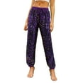 thumbnail image 3 of QATAINLAV Ofertas Relampago de Hoy Womens Sequin Sparkle Glitter Pants Casual Elastic Bottom Sweatpants Drawstring High Waisted Trousers Clubwear Mardi Gras Outfits Purple XL, 3 of 10