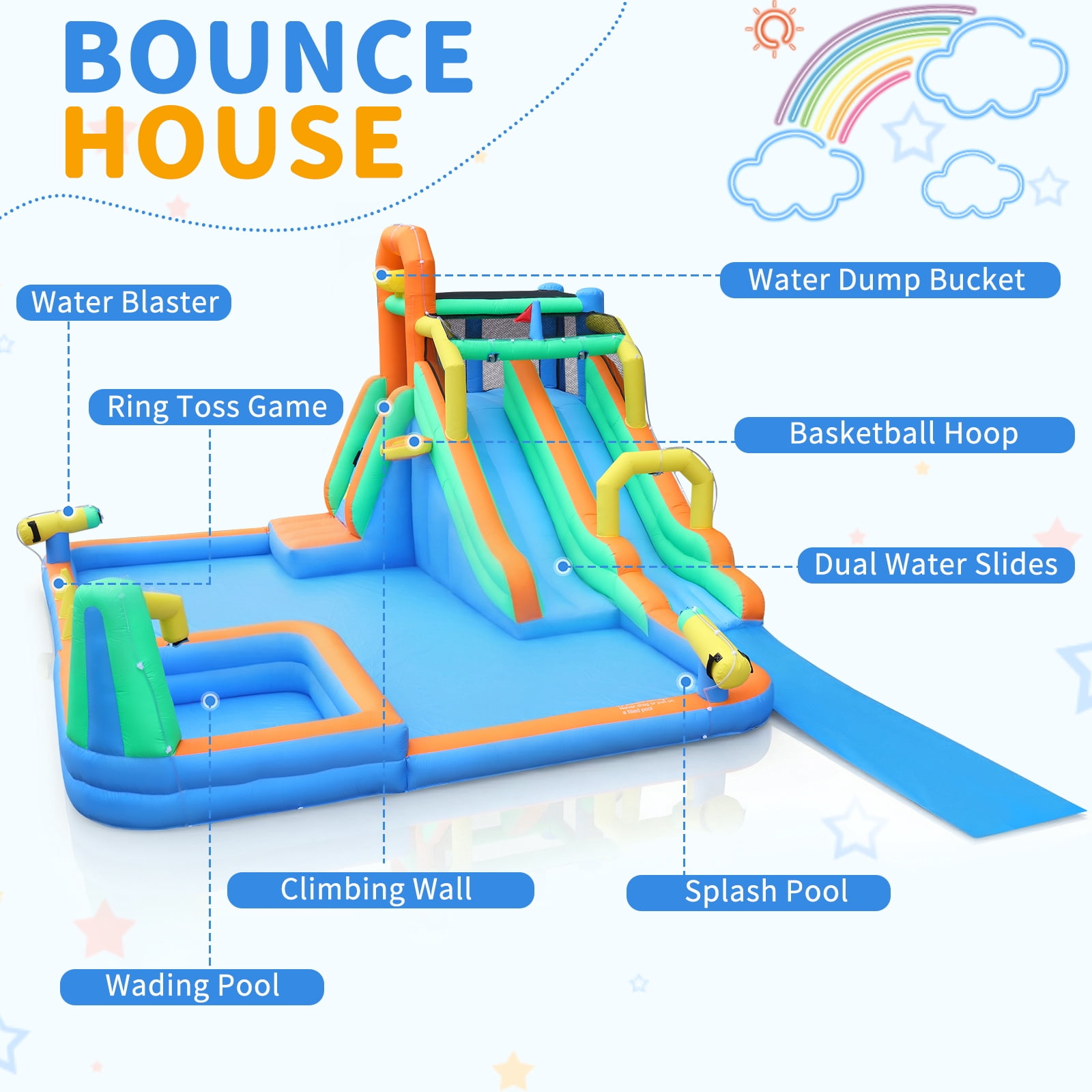 Ktaxon 8-in-1 Inflatable Water Slide Bounce House with Blower, 197" x 179" x 98", Dual Slides Water Park, Wading Pool & Water Dump Bucket for Kids Backyard