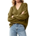 thumbnail image 6 of DYTTDG Women Solid Color Loose V-Neck Knit Pullover Sweater, Long Sleeve Ribbed Cuff Relaxed Fit Casual Knitted Jumper Daily Basic Knit Top, 6 of 8