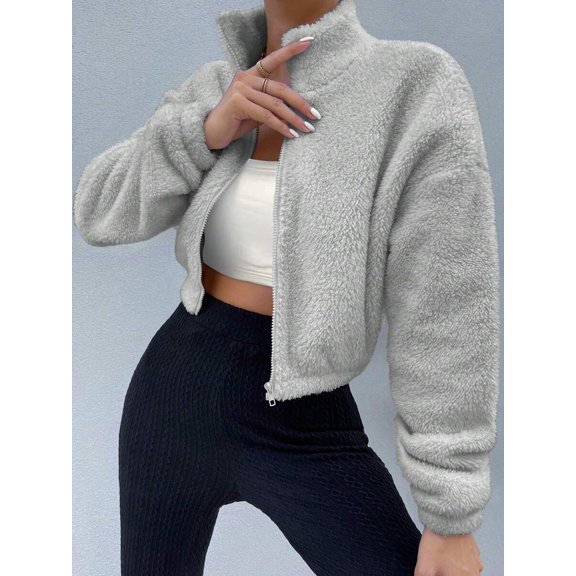Womens Grey Fleece Zip Up Jacket Drop Shoulder Cropped Winter Outerwear