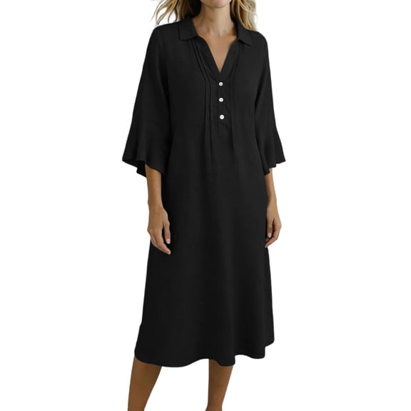 Makaor Linen Dresses for Women Plus Size A Line Maxi Dresses 3/4 Sleeve Solid Collared Beach Vacation Clothes with Pockets Black S