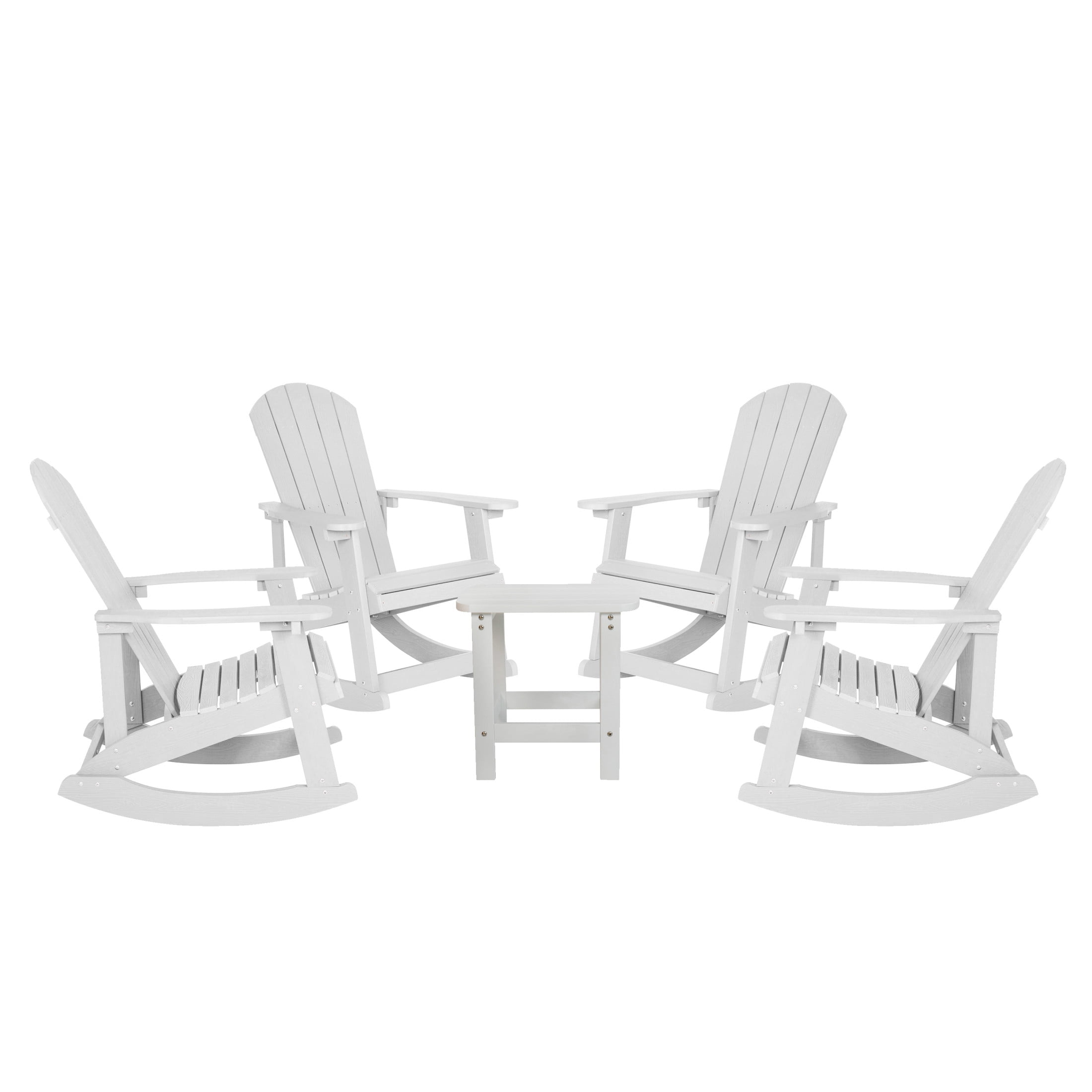 Emma + Oliver Set of 4 Classic All-Weather Poly Resin Rocking Adirondack Chairs in White with Matching Side Table for Year Round Use