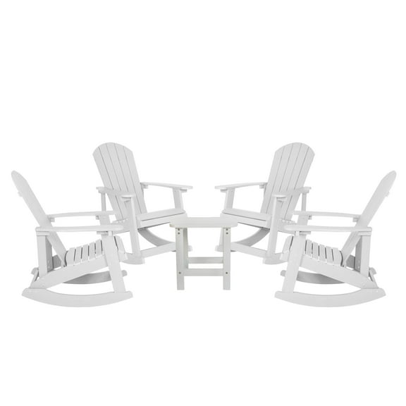 Flash Furniture Savannah 5-Piece Poly Resin Rocking Patio Chair and Side Table Set, White