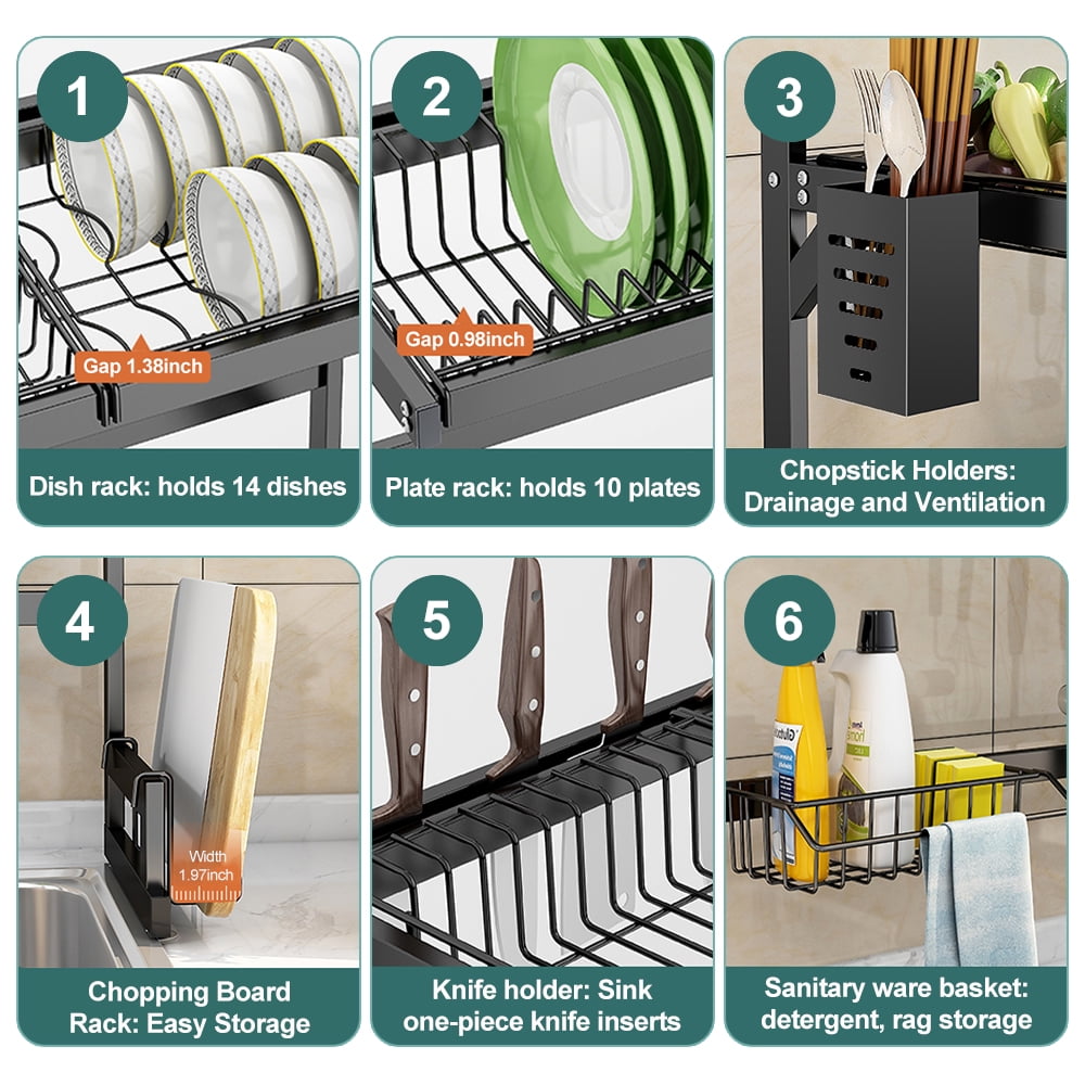 Over the Sink Dish Drying Rack, ZZBIQS Dish Drying Rack 2 Tier Large Stainless Steel Dish Drainer for Kitchen Storage