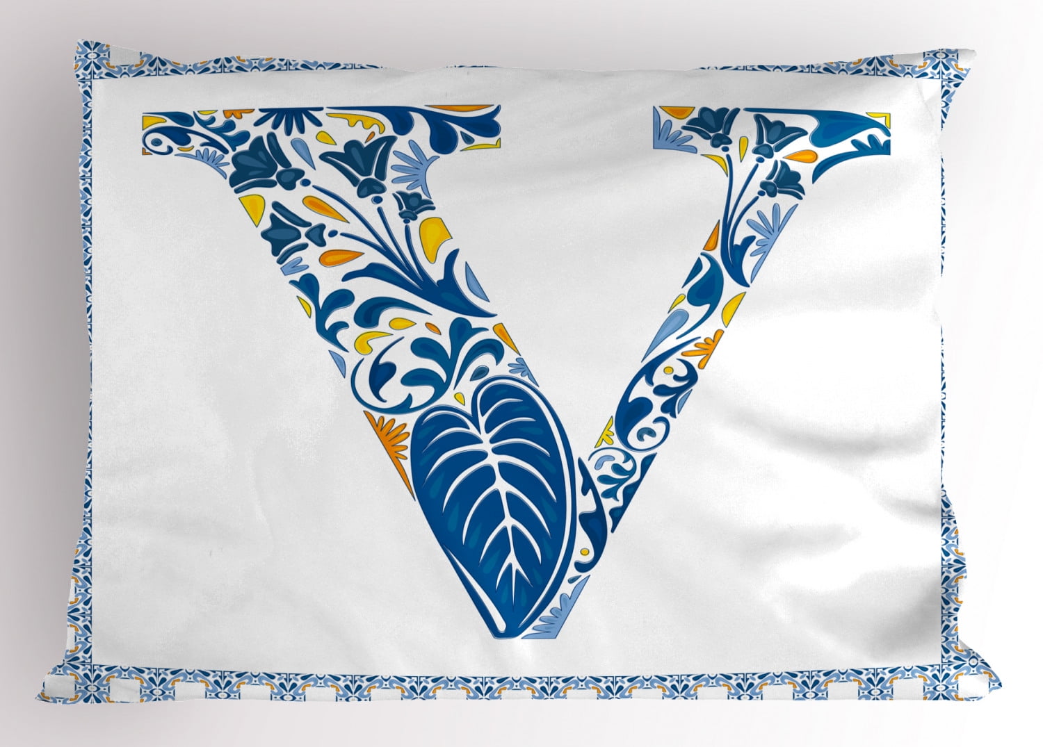 Letter V Pillow Sham Traditional Portuguese Inspired Framework and