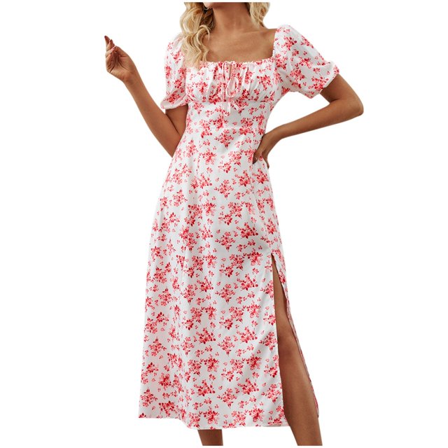 asddcavvf Robes pour Femmes Été Imprimé Floral Ajusté Col Carré Ourlet Fendu Léger