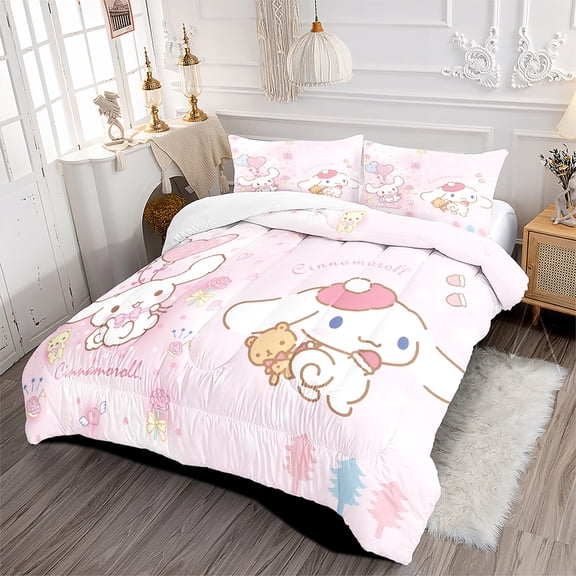 Kids Pink Comforter Full Size Sets Cartoon Dog Cinnamoroll Bedding, 3 Pieces Bed in a Bag Full Bedding Sets with Comforter and Pillowcases