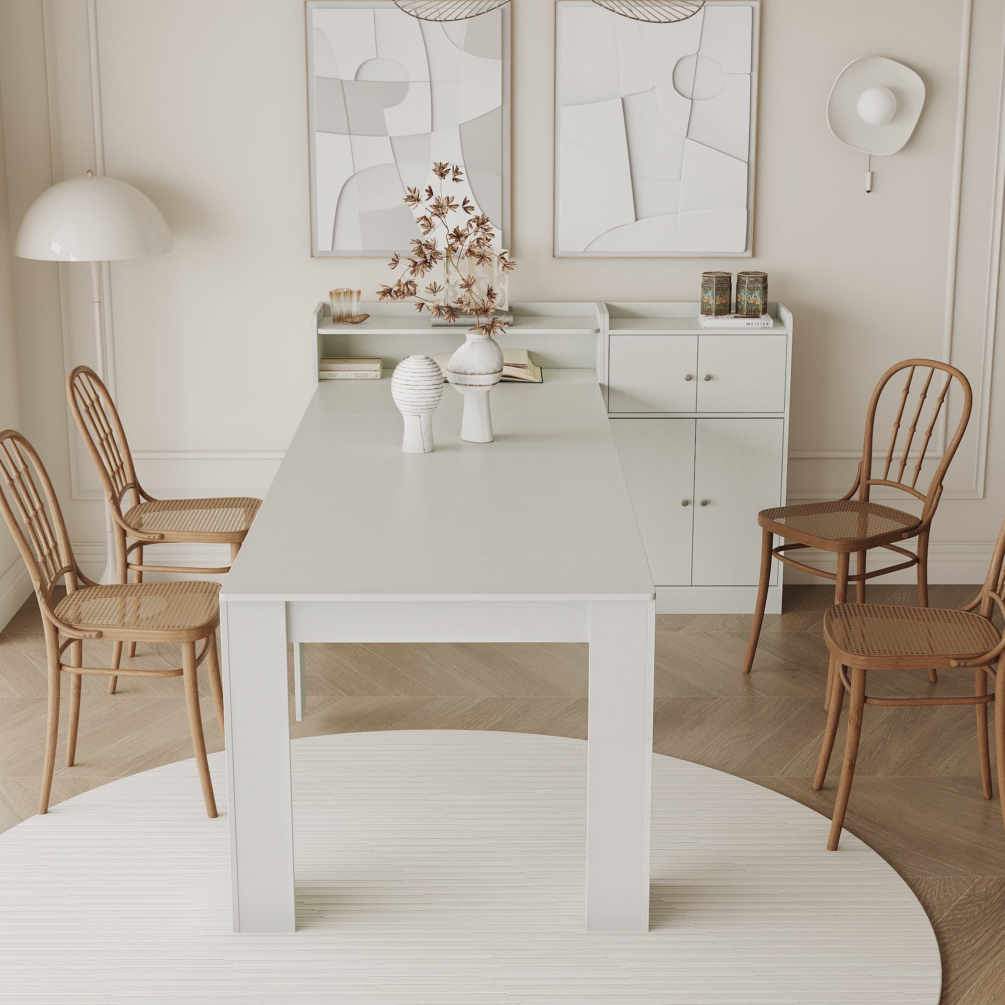 PORKISS Extendable Dining Table, Wooden Kitchen Table with Storage, Classical Dinner table, Modern Rectangle Dining Table for Kitchen, Dining Room, and Living Room, White Color