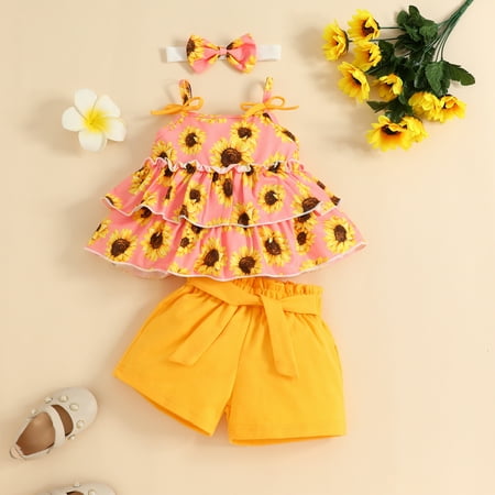 

Lamuusaa 3Pcs Baby Girls Summer Shorts Suits Sunflower Print Ruffles Sling Tank Tops Solid Color Shorts with Belt Bow Headband Sets