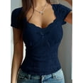 thumbnail image 2 of Women'S Floral Lace Bow- T Shirt Sweetheart Neck Short Sleeve Semi Sheer Top Navy Blue XL, 2 of 8