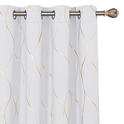 Deconovo Extra Long Grommet Blackout Curtains, Gold Wave Foil Printed Room Darkening Curtain, Thermal Insulated Energy Saving Drapes for Sliding Glass Door - 52W x 108L Inch, Greyish White, 2 Panels