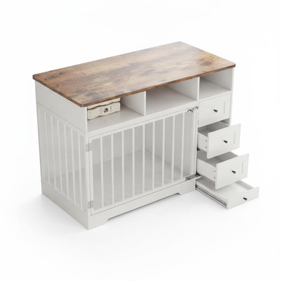 Anoncndin 48" Dog Crate Furniture with Drawers & Open Shelves, Indoor Dog Kennel with Double Locking Door, Wooden Large Dog Crate with Stainless Bowl Area for Medium/Large Dogs