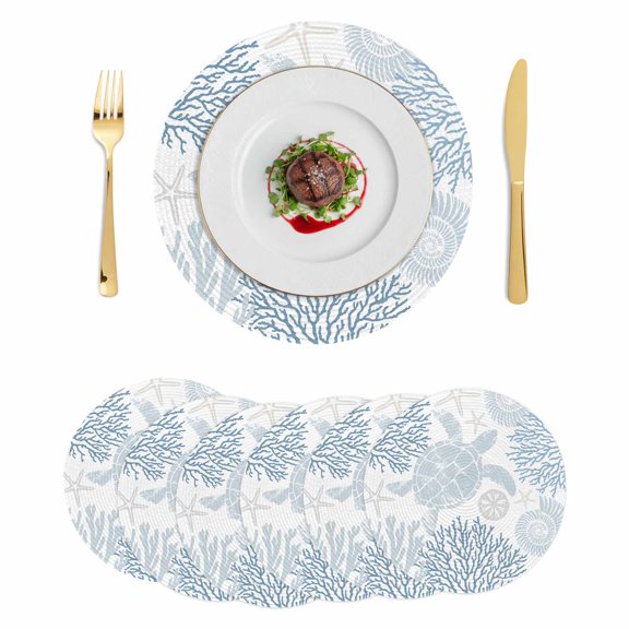 Round Placemats Blue Turtle 15 inch Set of 6 Table Mats for Dining Table Teal Ocean Coral Starfish Shell Heat Resistant Non-Slip Kitchen & Home Decorative Place Mat Set