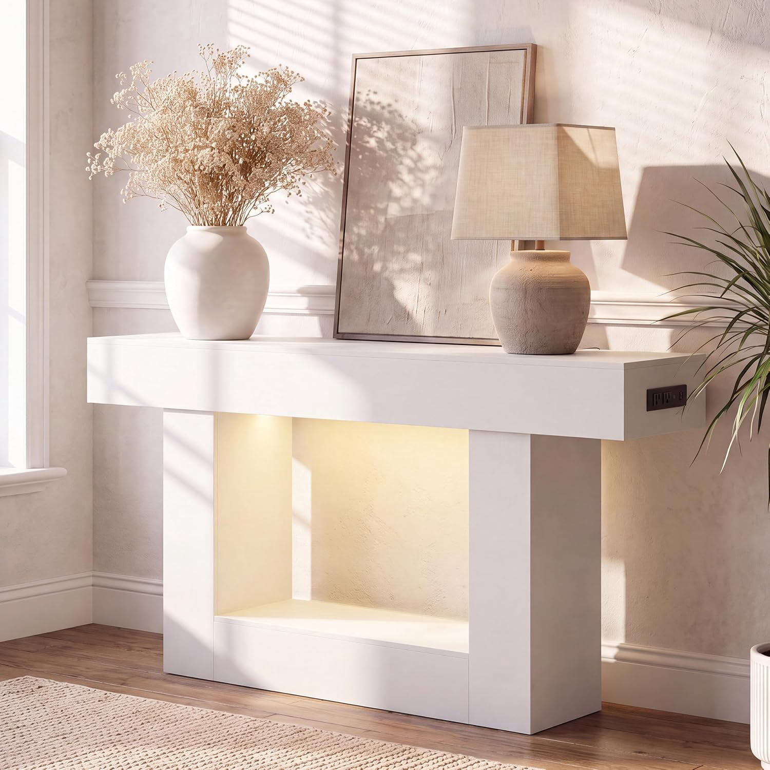55” Entryway Table with Charging Station & LED Light, Narrow Sofa Table for Hallway Living Room, Modern Farmhouse Console Table with Storage Shelf, White
