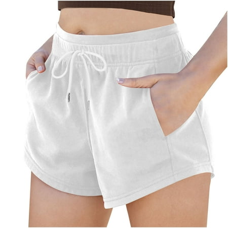 DeHolifer Women Sweat Shorts Cotton Solid Color Elastic Waisted Drawstring Summer Workout Casual Lounge Shorts White L